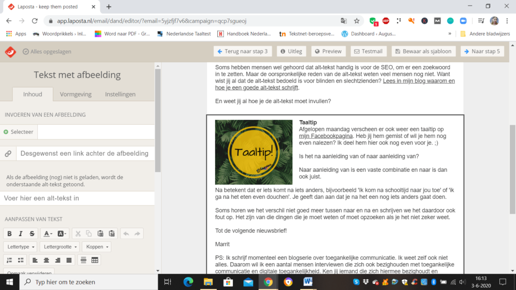 Voorbeeld van Alt-tekst invullen bij Laposta