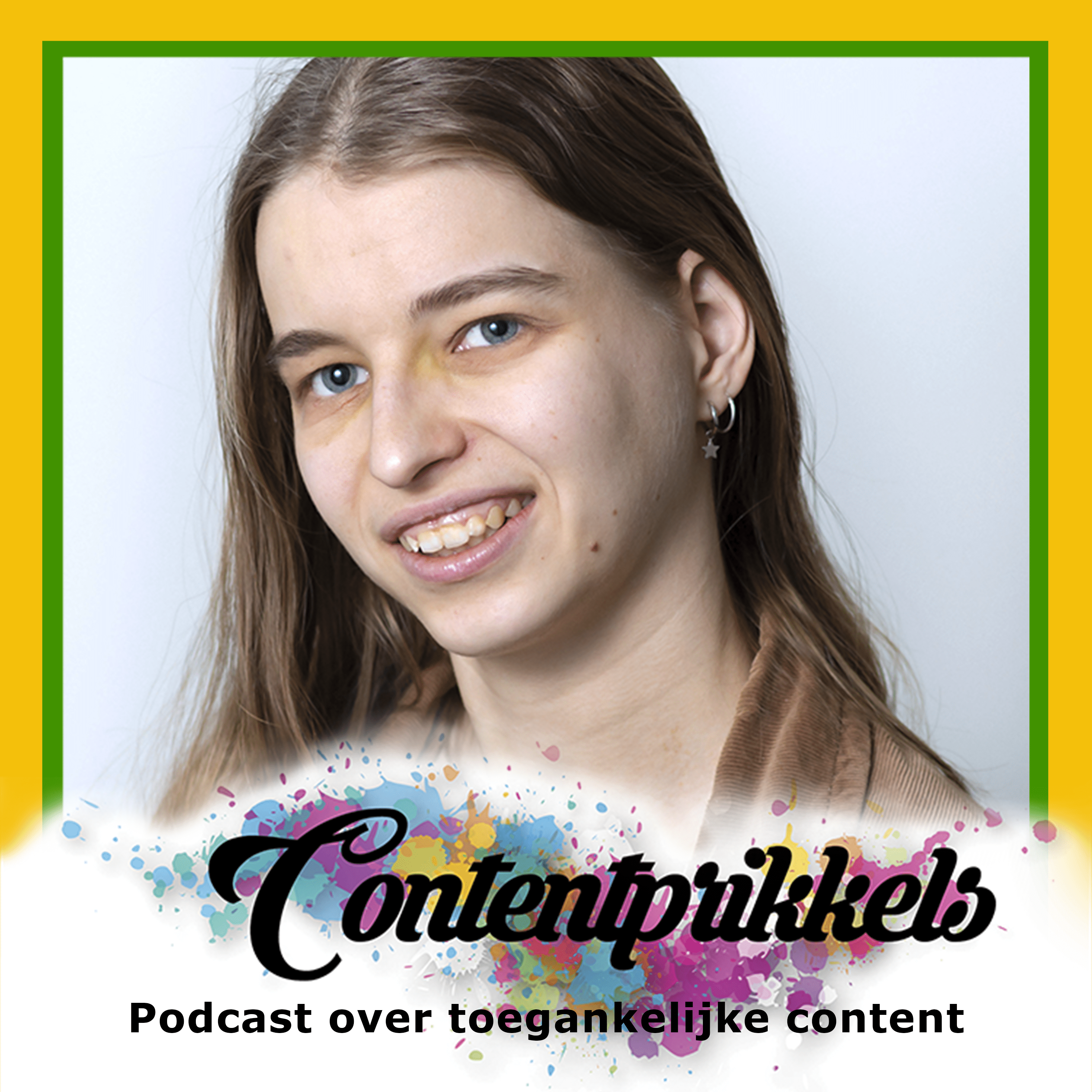 Marrit met in sierlijke letters Contentprikkels en daaronder in rechte letters Podcast over toegankelijke content